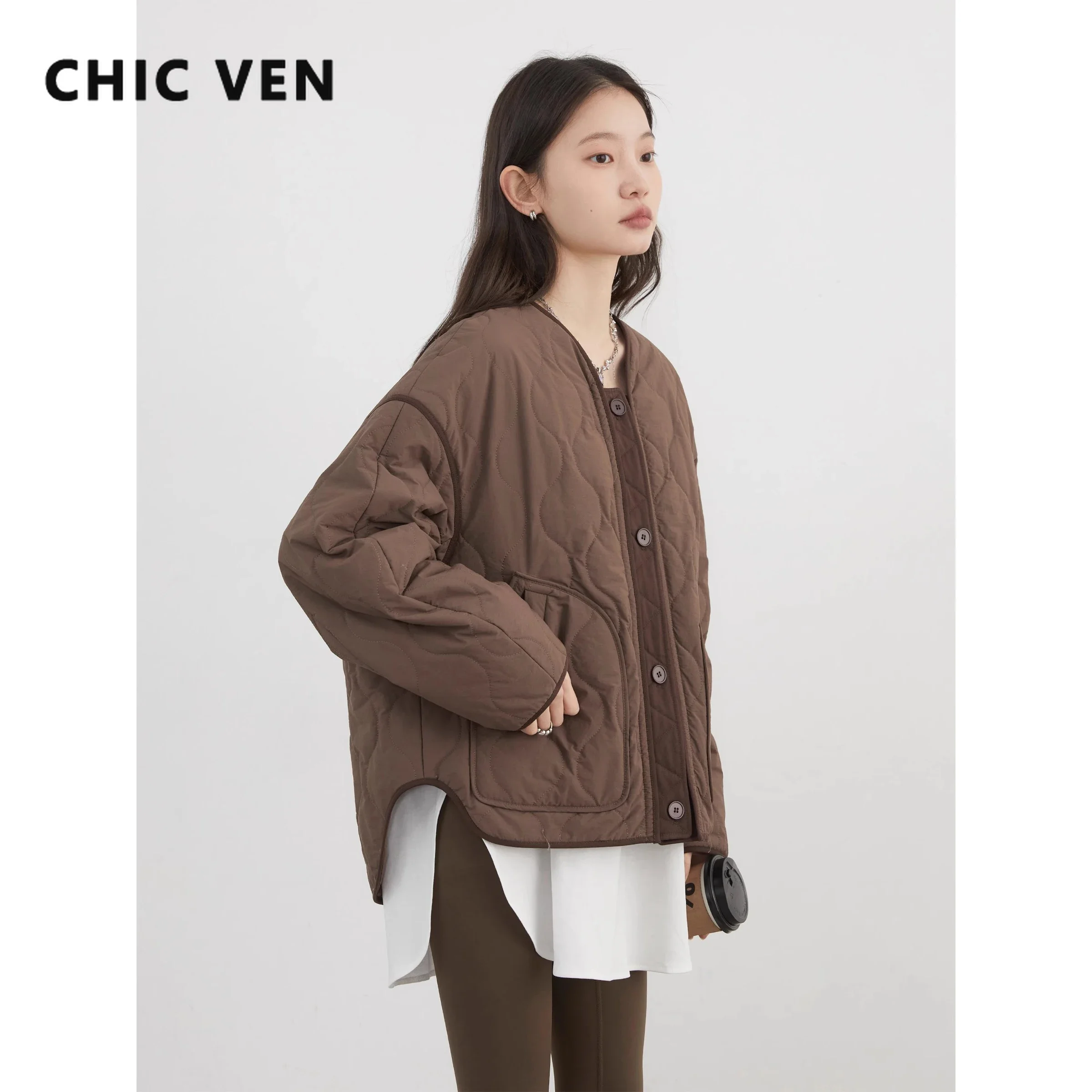 CHIC VEN Fashion Women Jackets Solid Single Breasted Loose Casual Parkas New Round Neck Female Quilted Coat Autumn Winter 2024