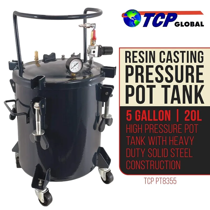 Pó revestido pressão tanque pote para fundição de resina, Heavy Duty, com ar apertado braçadeira na tampa, rodízio rodas, 5 galões