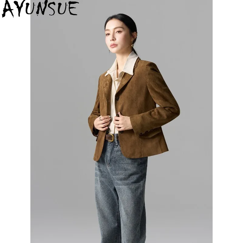 AYUNSUE Real Leather Jacket Woman Autumn Retro Suede Sheepskin Jackets for Woman 2026 Short Luxury Outerwear Woman Clothes 가죽자켓
