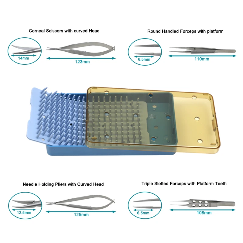 Stainless Steel Instruments Set Micro Scissors Platform Forceps Micro Scissors Sterilization Tray Box Ophthalmic Instrument