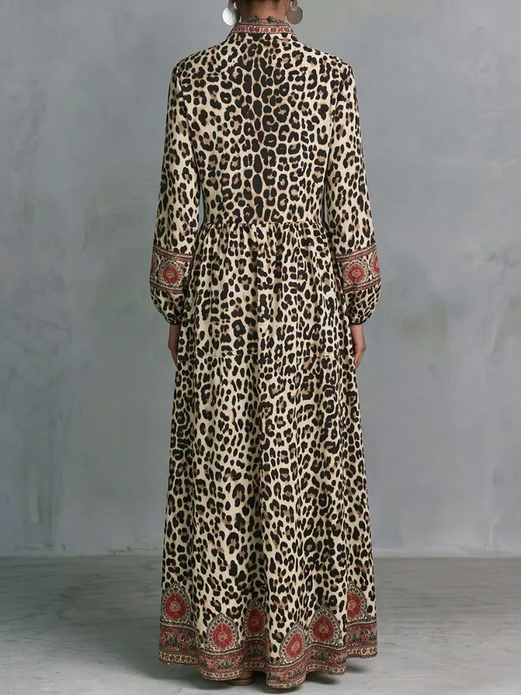 UOOZEE 2026 Vintage Ethnisch Bedrucktes Leoparden-Maxikleid für Damen mit Langen Ärmeln, Hoher Taille, Elegantem Abendstil und Stehkragen – Detail 7