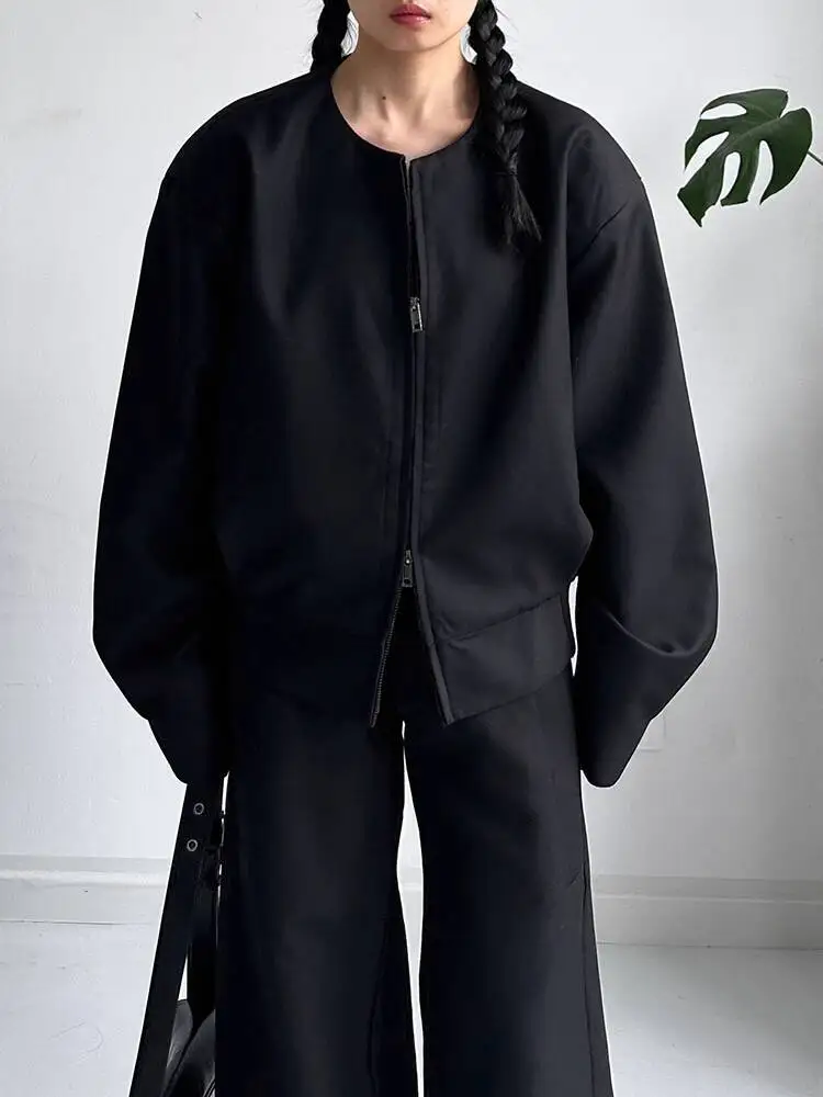 

HUISONG корейский минималистичный пиджак без воротника, универсальная короткая куртка, кардиган с двойной молнией, свободный повседневный топ, модный весенне-осенний