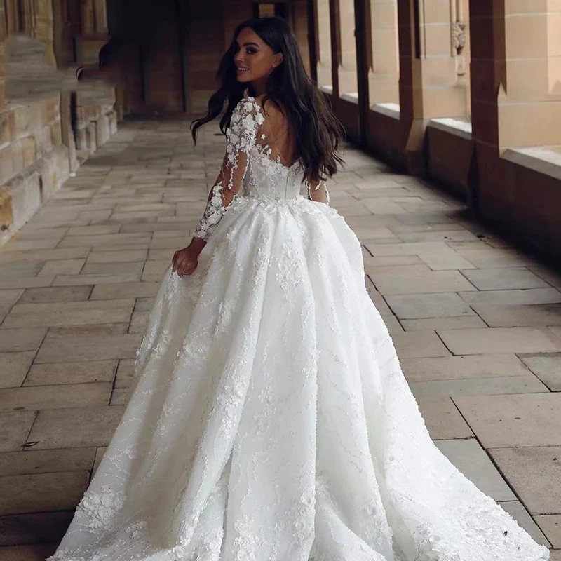 Piuttosto splendido a maniche lunghe soffice bella forcella alta abiti da sposa da sposa con scollo a v Appliques abito da sposa spiaggia su misura