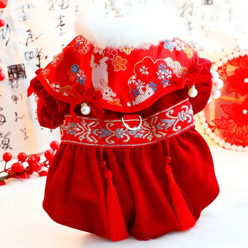 Vestiti per cani rossi inverno spessa principessa cinese Tang Costume Designer vestiti per cani cappotto caldo per cani Ropa Para Perros