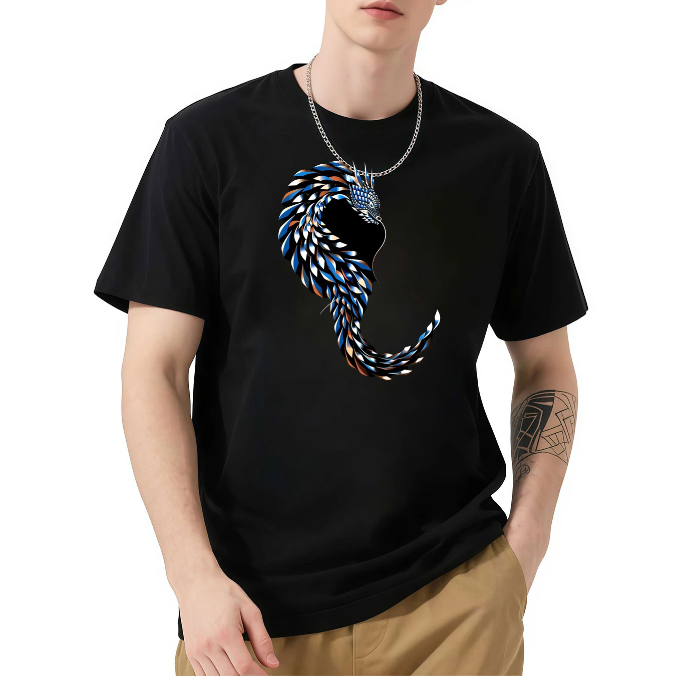 Men's Short - Sleeve T - Shirt with Red Dragon and "March" Print, Casual Style, Comfortable Fabric, Perfect for Daily Wear