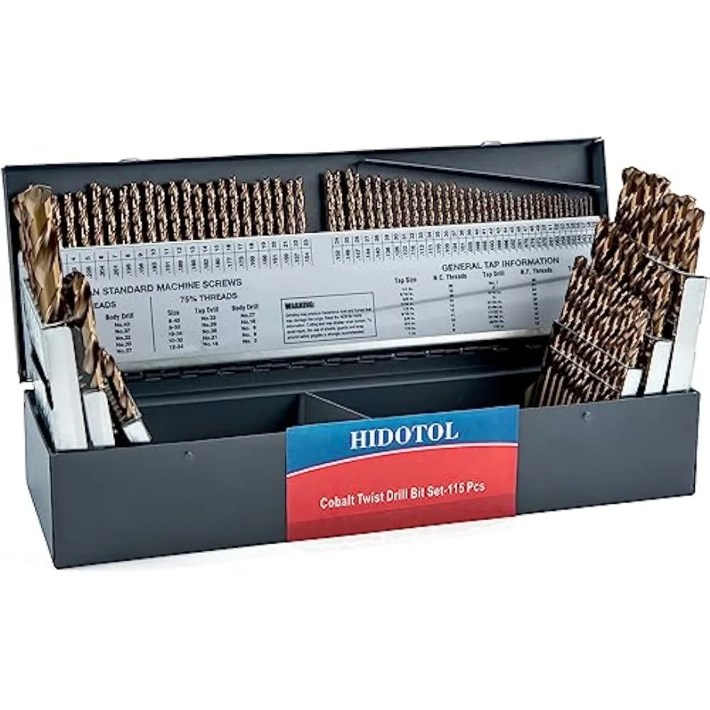 HIDOTOL 115PCS Cobalt Drill Bit Set M35 HSS for Hardened Steel Fractional 1/16