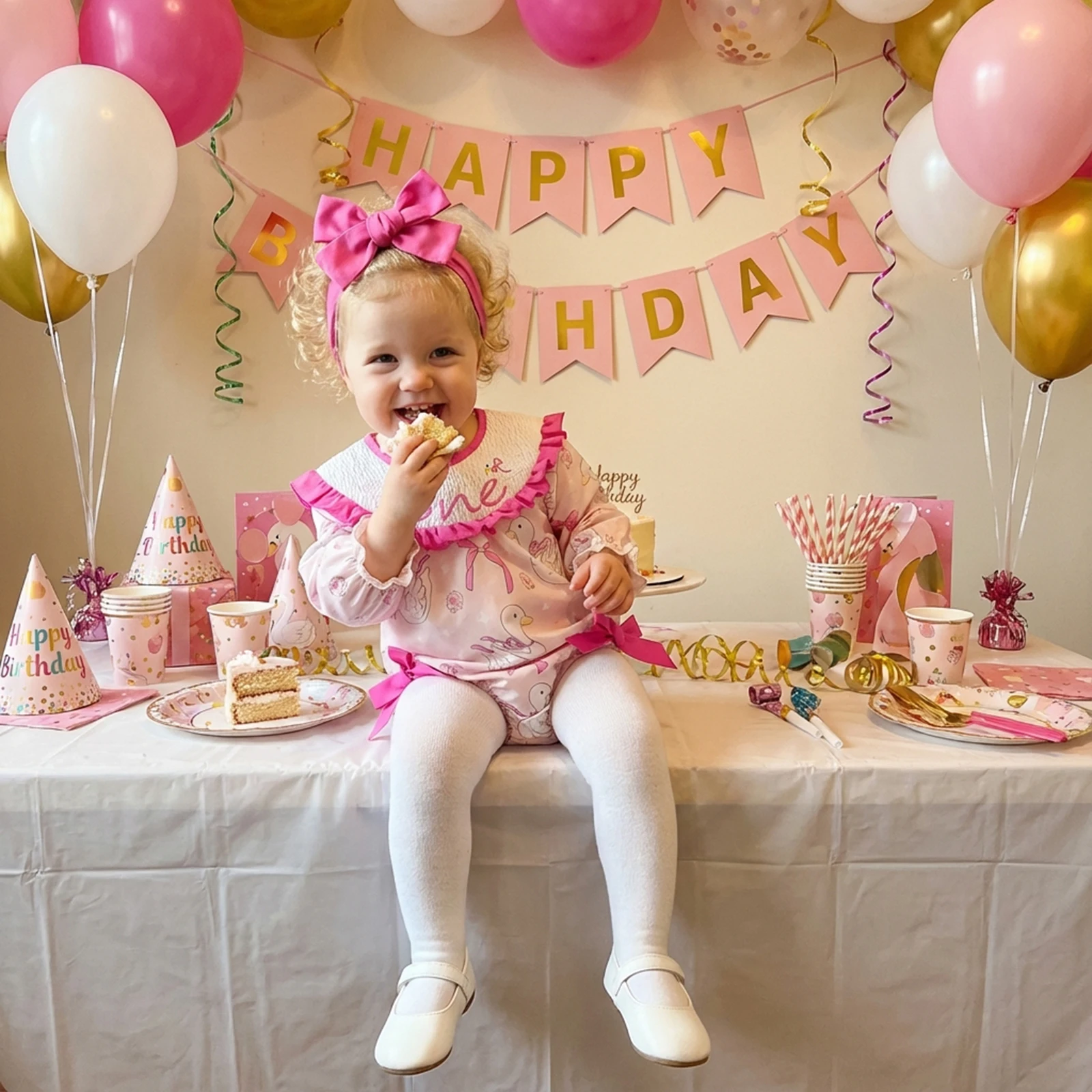 Infant Girl Birthday Romper Outfit Puff Long Sleeve Crew Neck Goose Letters Embroidery Romper and Headband 2Pcs Set