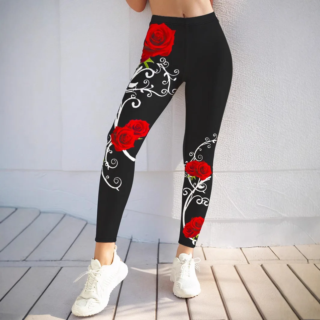 Bodycon Y2K Pants Women Gym Sexy Valentine Pencil Leggings Fashion Streetwear High Waist Shiny Rose Flower Leggings