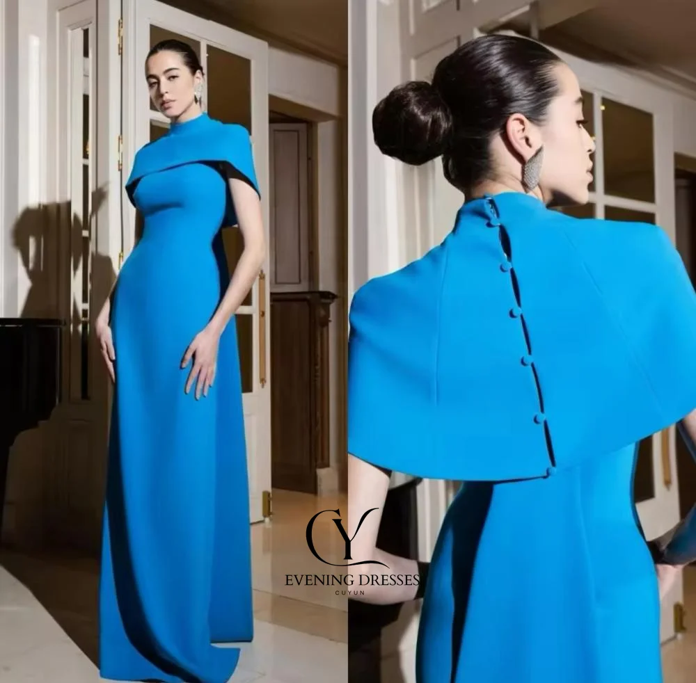 Cuyun personalizado azul camisa de noite drapeado botão aniversário a linha gola alta vestido de ocasião sob medida vestidos longos