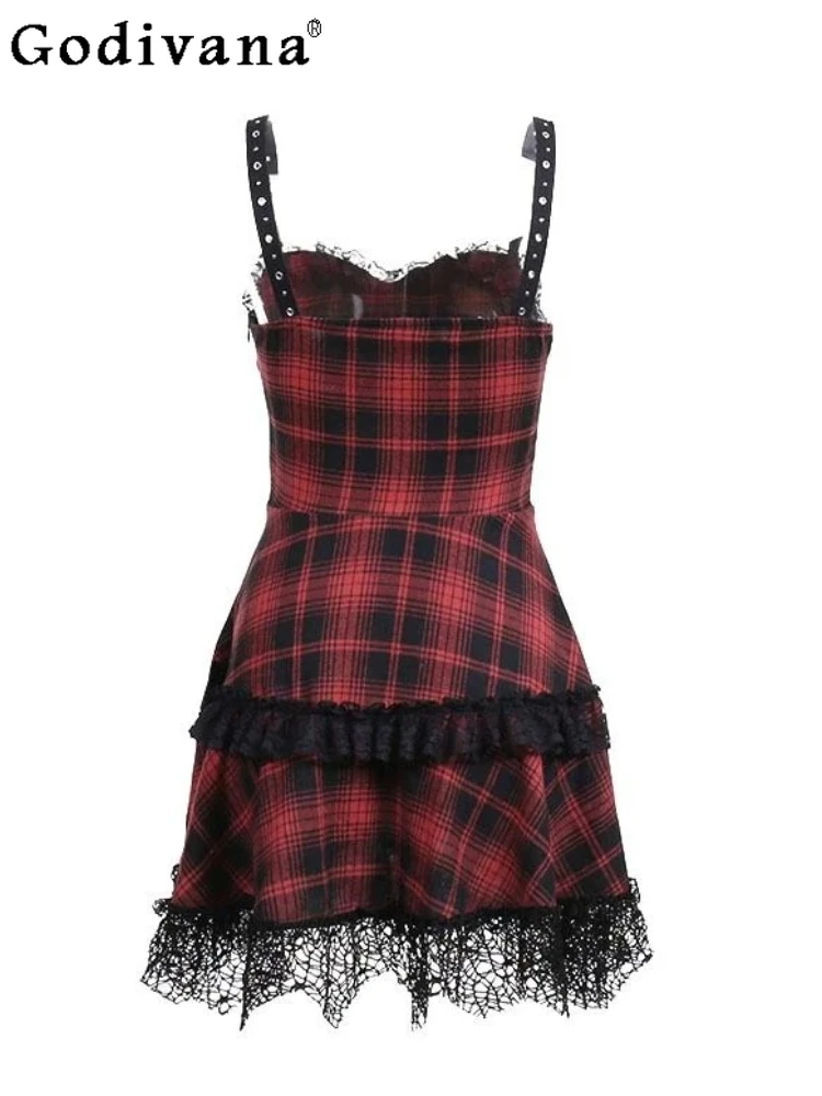 

Classic Black Red Plaid Lace-up Elegant Lace Ruffles Suspender Dress Summer Girls Goth Subculture High Waist Personality Dresses