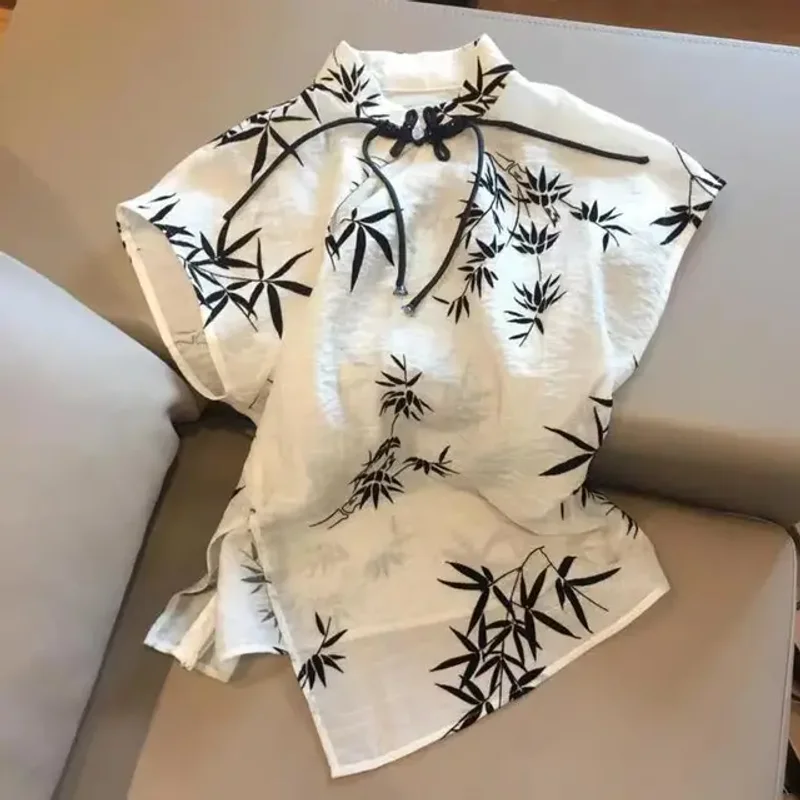 

Тонкие нерегулярные новые женские рубашки в китайском стиле с чернильным принтом и воротником-стойкой, элегантные элегантные рубашки с летающими рукавами Moda Blusas