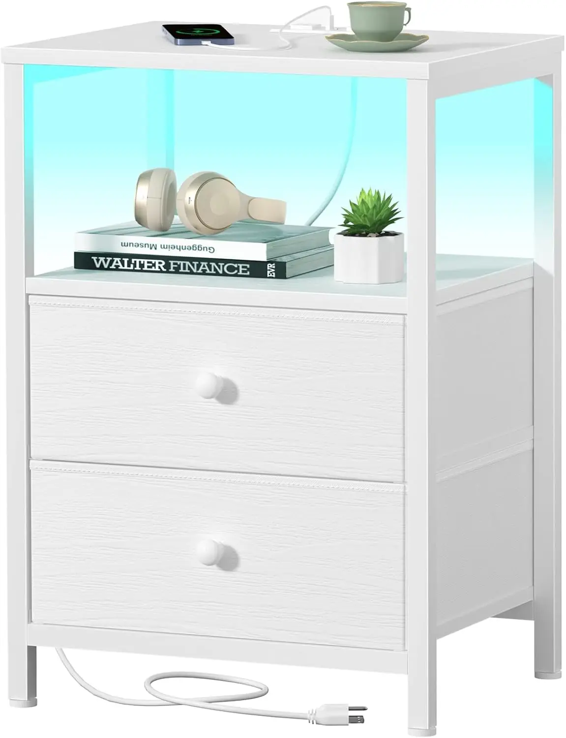 

White Nightstand with Charging Station, LED Night Stand with 2 Fabric Drawers, Bedside Table with USB Ports and Outlets, Nigh