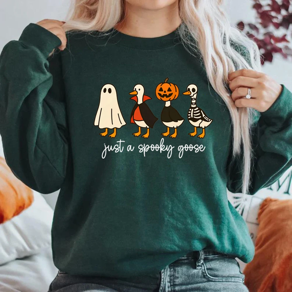 Just A Spooky Goose Halloween Sweatshirt Funny Halloween Goose Hoodie Long Sleeve Unisex Sweatshirts Cute Horror Graphic Hoodies