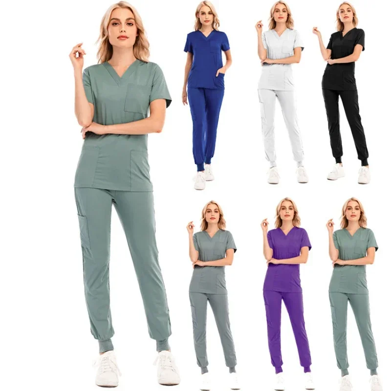 

Unisex Scrub Suits Scrubs Set for Women Joggers Tops+pants Hospital Doctor Nursing Uniform V-neck Solid Color Surgical Workwear