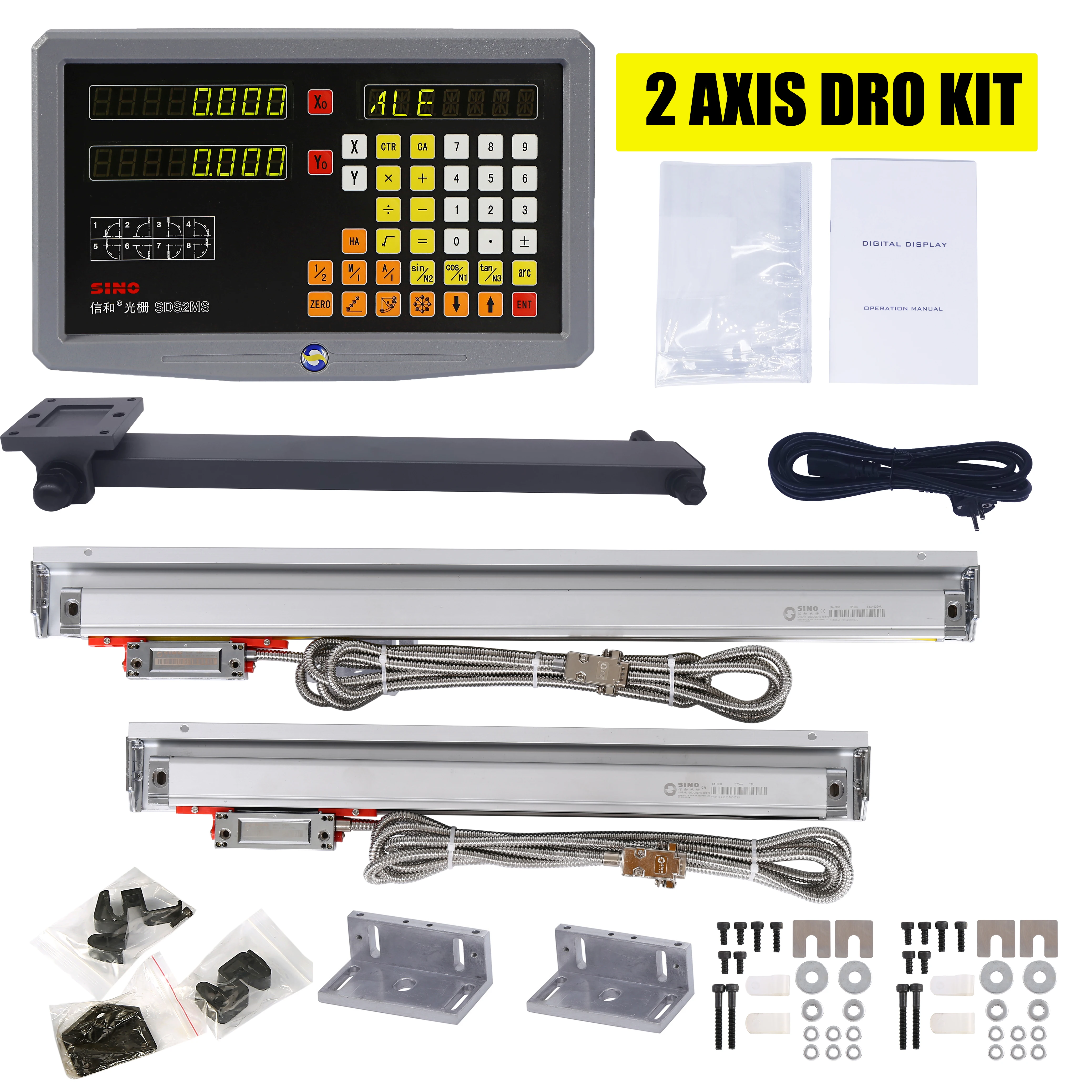 Sino SDS2MS Lathe Milling DRO Set 2 Axis Digital Readout KA300 Linear Scale TTL 0.005mm KA-300 Optical Encoder Ruler 70mm-1020mm