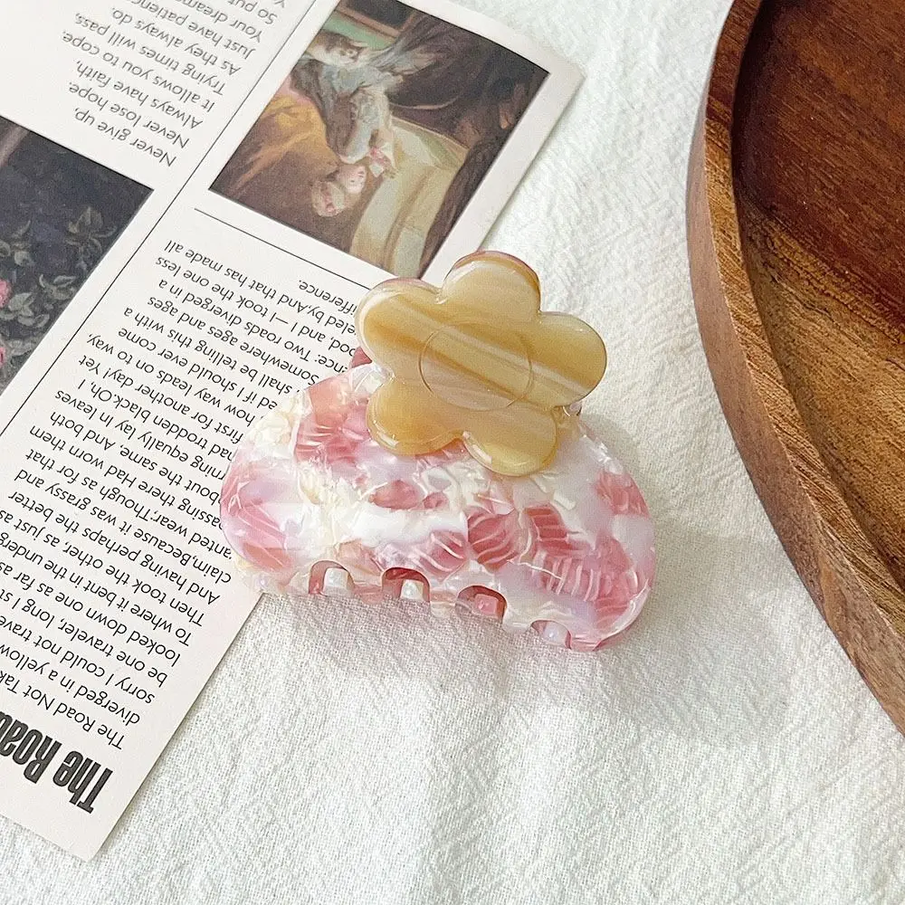 エレガントな酢酸フラワーヘアクロー、小さめ韓国風フレンチシャーククリップ、ハイポニーテールクリップ、アセテートフラワーヘアクランクリップ、デイリー