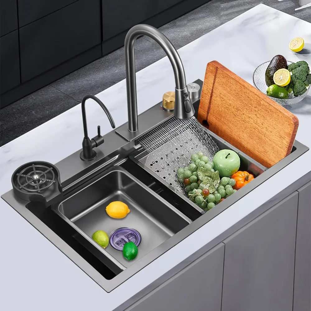 Black-Grey Nano Kitchen Sink 304 Stainless Steel Waterfall Sink Single Bowl Workstation Kitchen Sink With Multifunctional