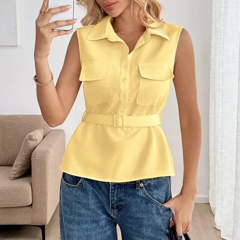 

2026 Summer New Casual Simple Style Top Waist Shirt Collar Open Yellow Sleeveless Shirt