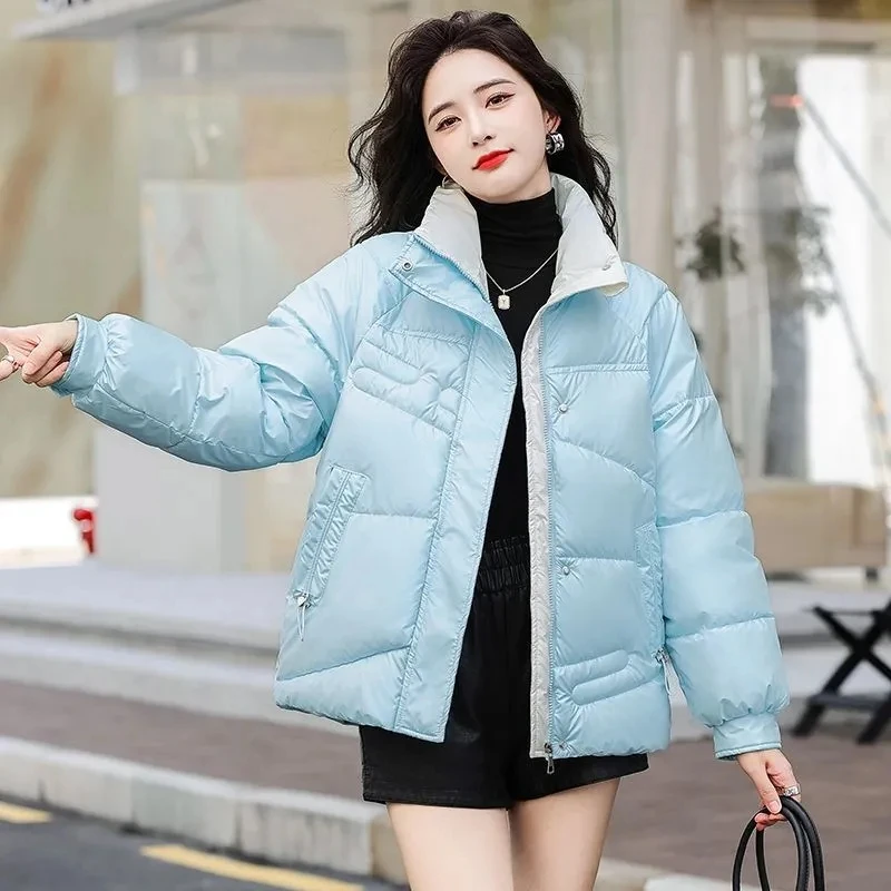 

Glossy cotton Jacket Women's Korean version Short Stand collar Loose Coat Winter Thick Warm Jackets Female zipper Basic Jackets