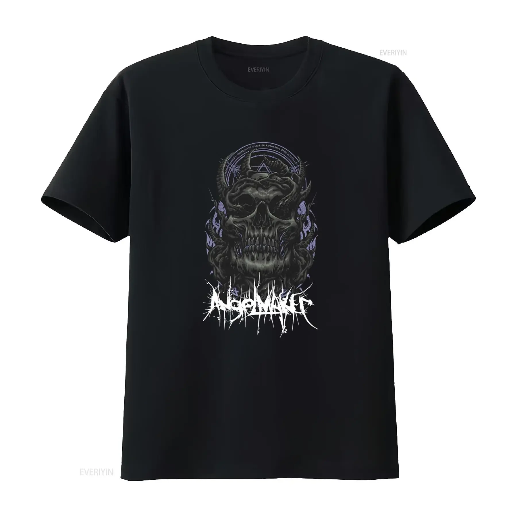 AngelMaker Band Schwarzes T-Shirt aus schwerer Baumwolle für Erwachsene mit Gothic-Totenkopf-Aufdruck PP943, vintage-gewaschen, bequem, für Herren