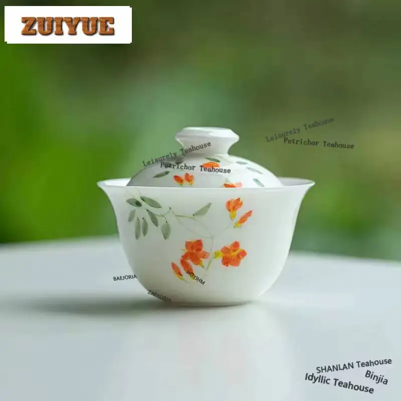 115ml Pure Hand-painted White Porcelain Gaiwan Japanese Not Hot Tea Tureen Tea Making Cover Bowl Chinese Tea Set Decoration Gift