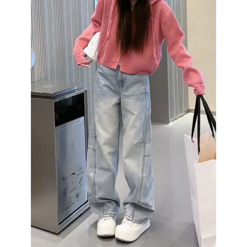 Jeans a gamba larga a vita alta con lavaggio leggero Pantaloni larghi in denim larghi da donna Pantaloni streetwear casual dimagranti per abiti quotidiani alla moda