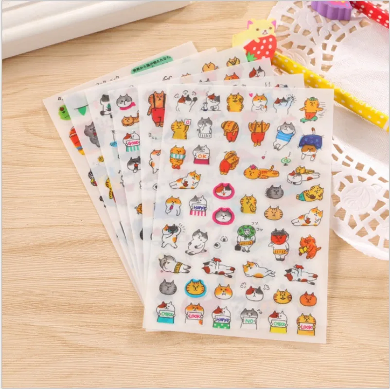 6 Sheets/Pack Cute Cats Transparent PVC Stickers for Scrapbook Planner Journal DIY Decor Stationery