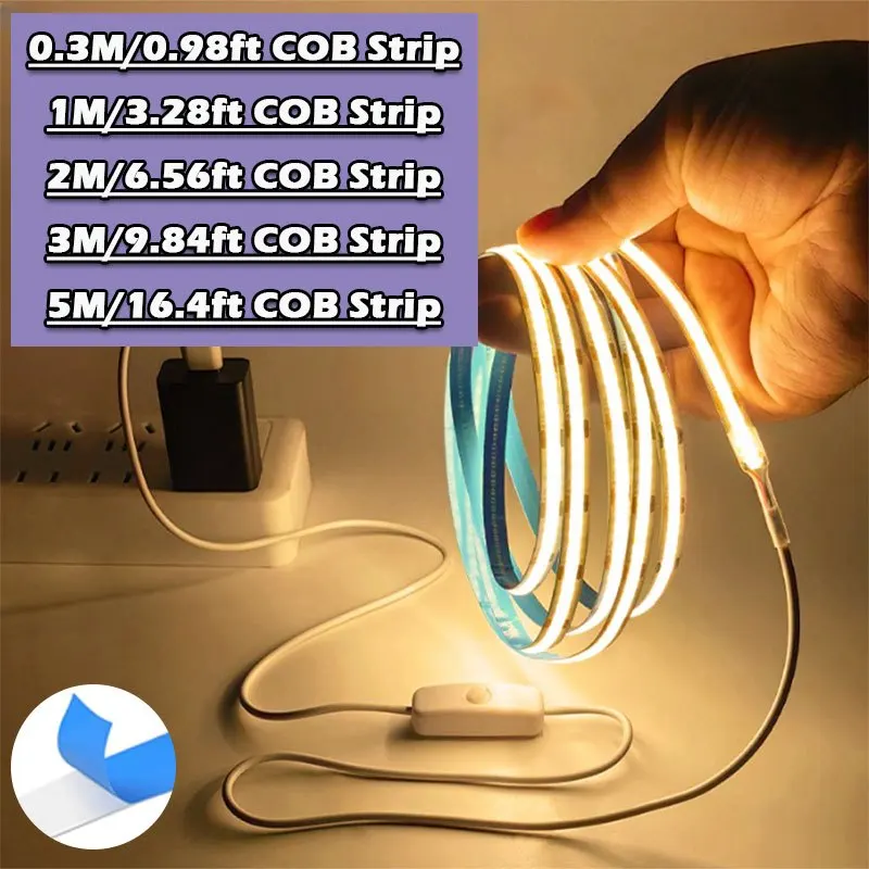 DC5V Flexible LED Strip Light Strip, USB COB LED Strip, LED Strips, Dotless Strip Ribbon White/Warm White for Stairs, Wardrobe