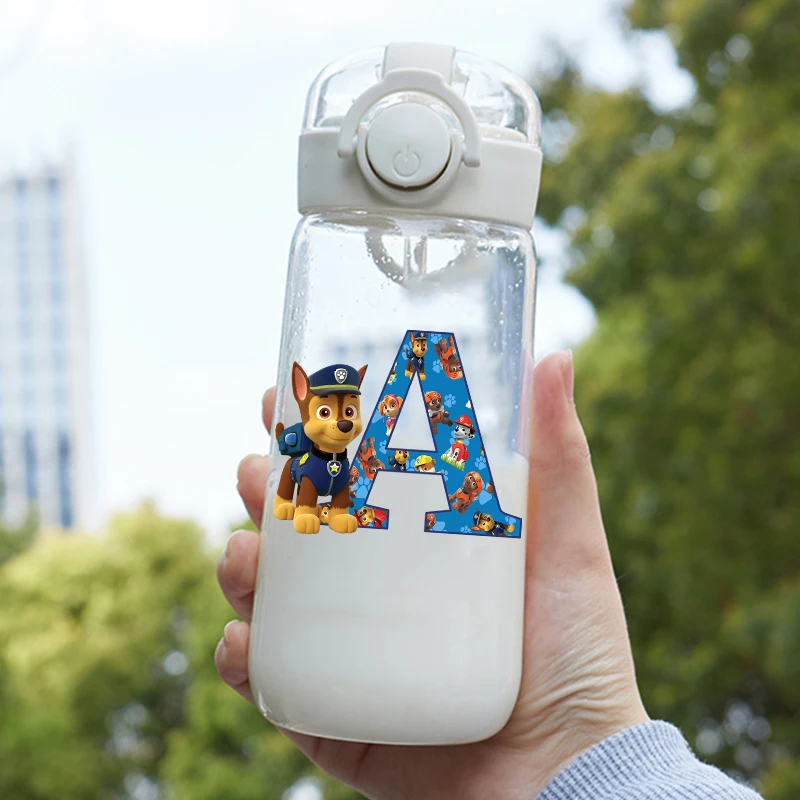 Paw Patrol Water Bottles Cute Cartoon Letter A-Z Printed Water Bottles Boys Summer Outdoors Sports Plastic Bottle Birthday Gifts