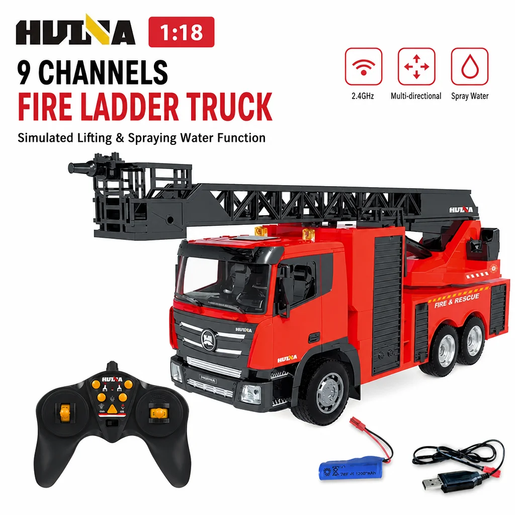 Huina 1361 1362 1:18 9 Channels 2.4g Alloy Fire Ladder Truck Engineering Model Simulated Lifting And Spraying Water Function