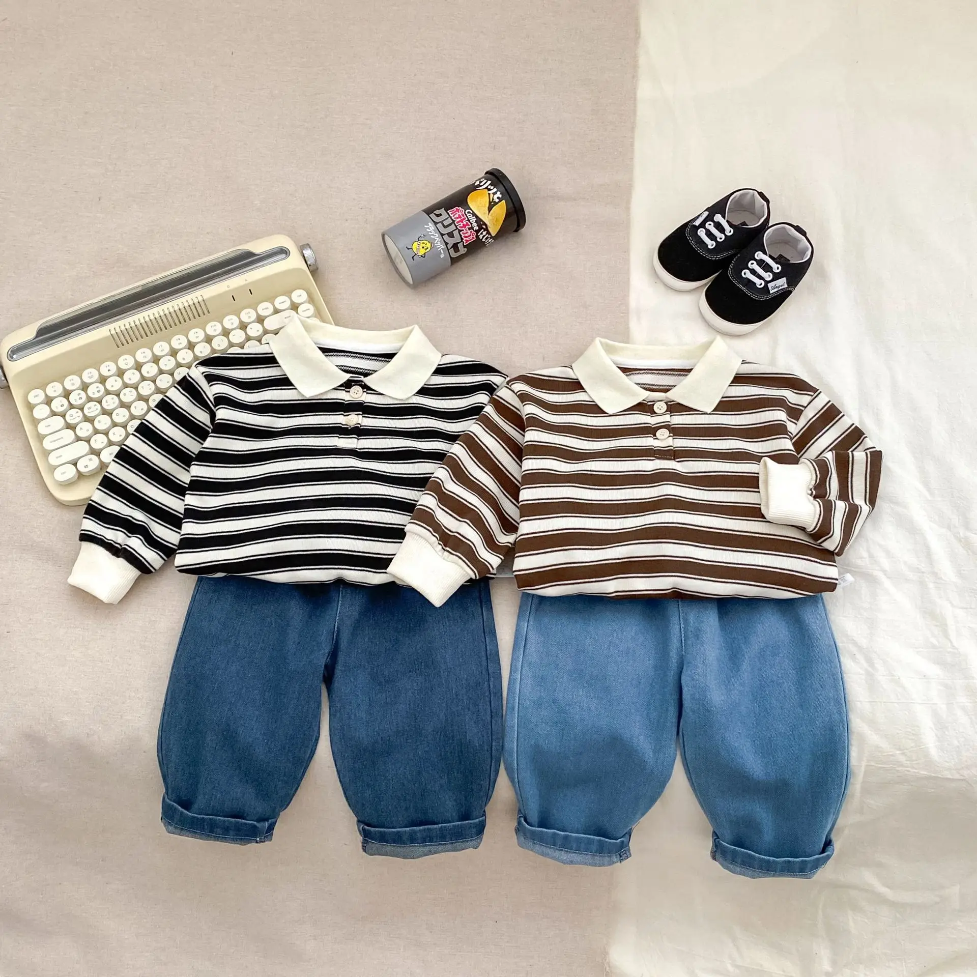 2025 Autumn New Boys Striped Suit Versatile Lapel Long-sleeved Top Casual Loose Denim Two-piece Set Fashion