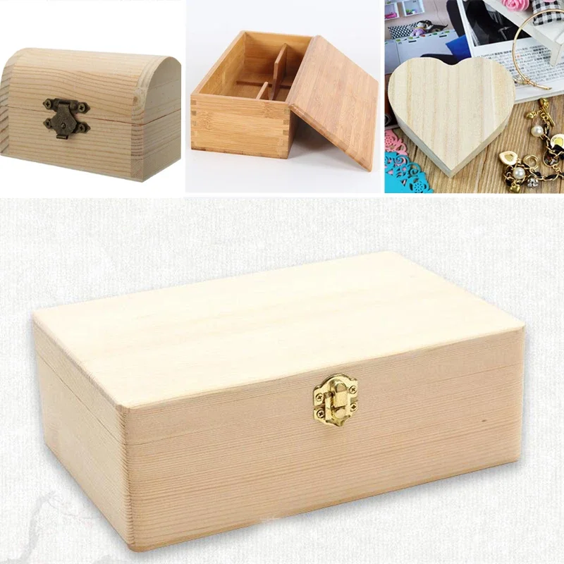 1PC Plain Wooden Storage Boxes Square Hinged Craft Gift Sundries Office Supplies Home Organization Storage Box Craft Coin box