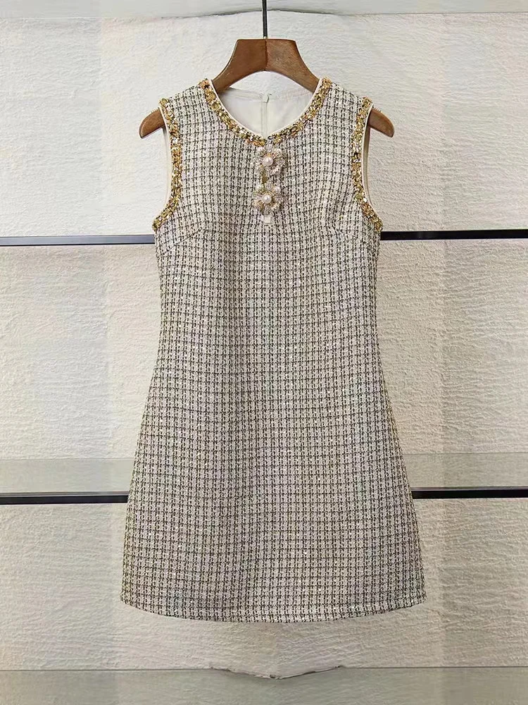 Summer New Fashion Diamond and Pearl Decoration Dress Women elegant Tweed O-neck Sleeveless Sequin A-Line Robe  Ladies 2024