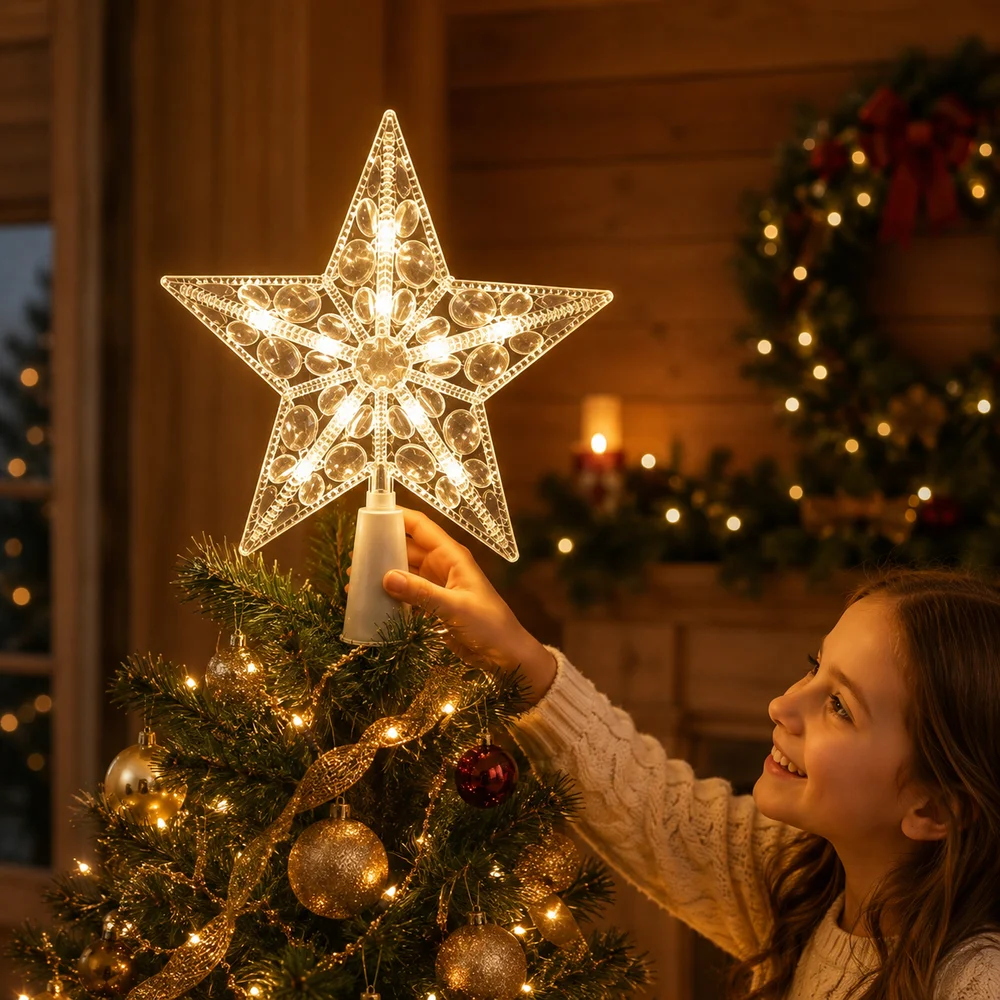Warm White Christmas Tree Topper Transparent Water Drop Pattern Lighted Tree Star Five Point Shape Cone Base LED Star Topper