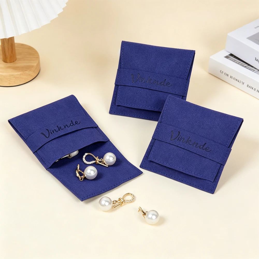 

50Pcs Personalized Logo Jewelry Microfiber Flap Bag Navy Velvet Pouch Rings Earrings Bracket Cosmetic Keychain Packaging Sack