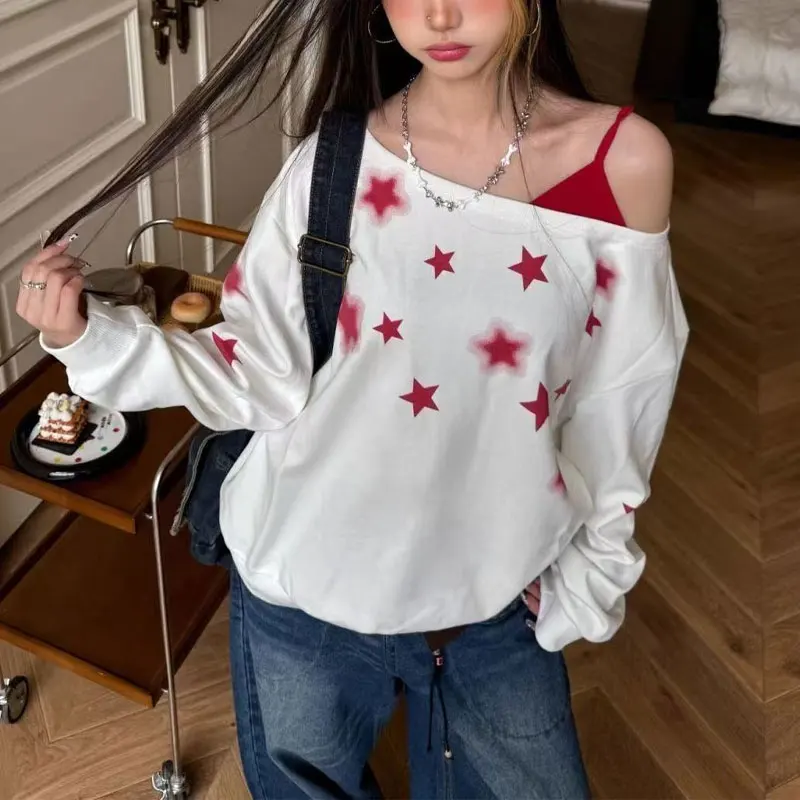 Stylish Off Shoulder Loose Sweatshirts Women's Clothing American Retro Star Spring Autumn Contrasting Colors Skew Collar Hoodies