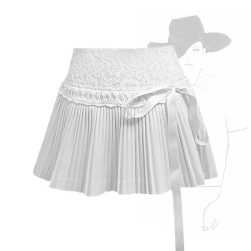 تنورة قصيرة مطوية بأشرطة من الدانتيل الحلو النقي اليابانية Y2k عالية الخصر بقصة ضيقة على شكل حرف a التنانير لوليتا Kawaii Faldas #1