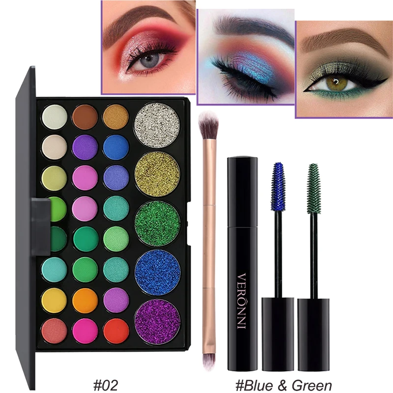 Paleta de sombras de ojos con máscara y pincel, 4 piezas, 29 colores, mate tierra, resistente al agua, brillo brillante, maquillaje duradero