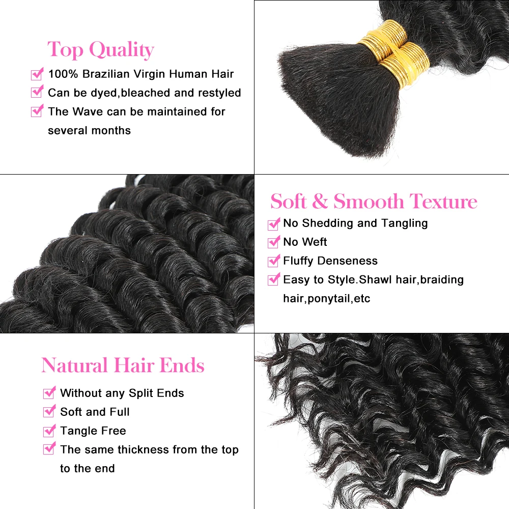 Deep Wave Bulk Human Hair Braiding Hair 100% Human Hair Unprocessed Brazilian Virgin Hair for Human Hair Micro braiding No Weft