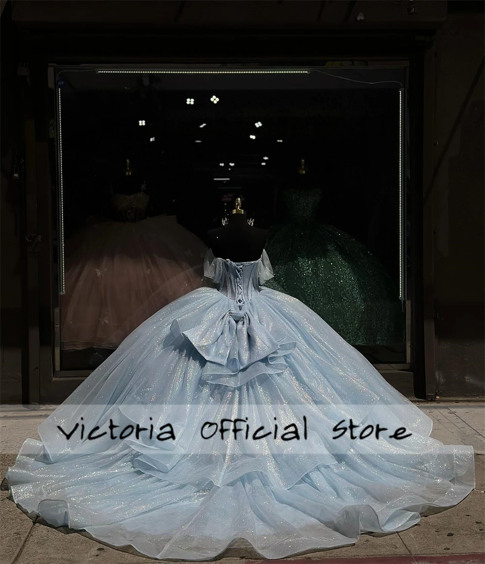 Dream Blue Shinning Off bahu gaun kesayangan Quinceanera gaun pesta Meksiko Gaun enam belas manis gaun pernikahan korset