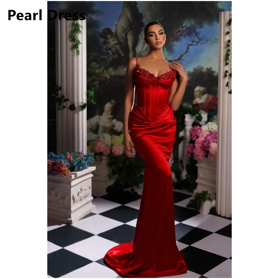 Vestido de noche largo con perlas para mujer, traje elegante de lujo con tirantes finos, cola de pez, color rojo, para fiesta y boda, 2024