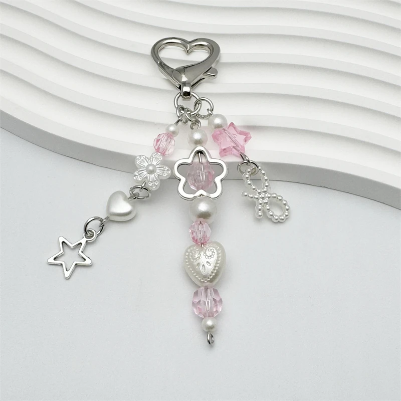 Y2K Pink Beaded Hanging Chain Women's Imitation Pearl Bow Heart Keychain Anti-lost Pendant Bag Decoration Accessories