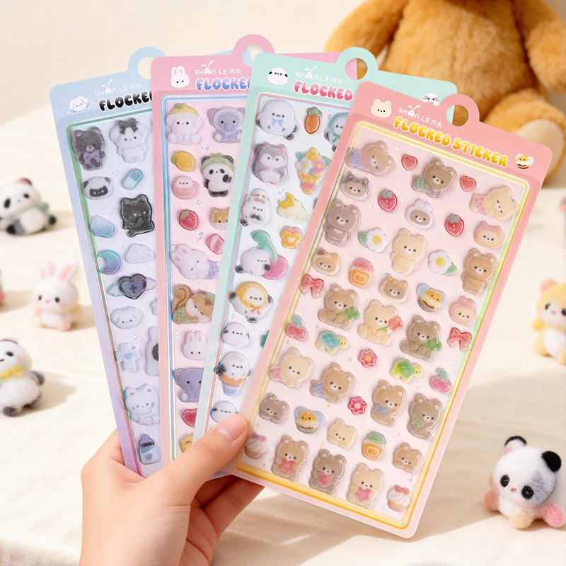 1 Sheet Kawaii Bear Cat Cartoon 3D Flocked Relief Stickers for Journaling DIY Cute Stationery School Supplies Animal Decor