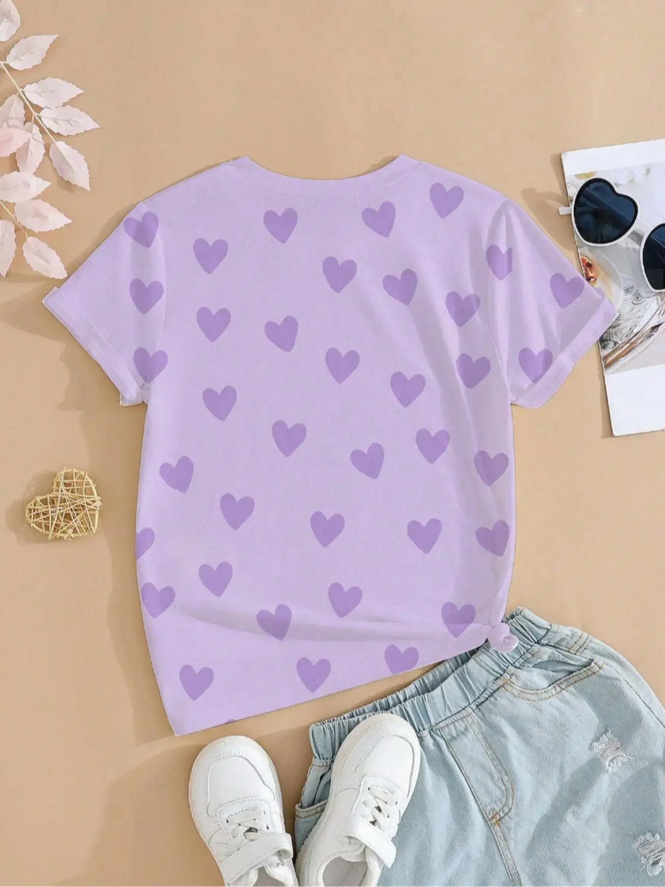 Light Purple Girls T Shirt K-POP Nova Beat Print Heart Pattern Children Casual Short Sleeve Top