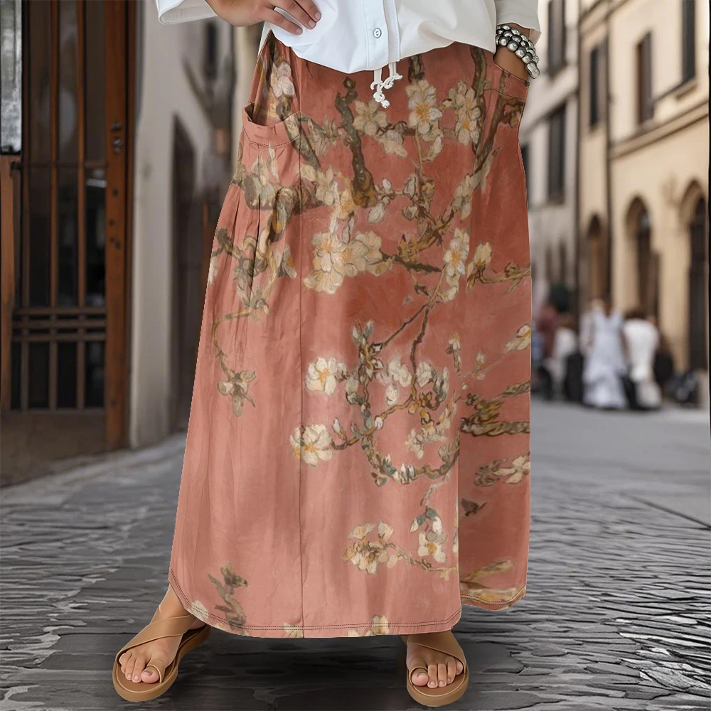 Elegante harajuku flor de ameixa & borboleta maxi saia vintage cordão cintura & bolsos laterais boho solto ajuste saia verão