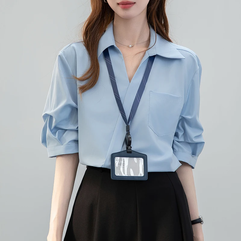 

Office Ladies V-Neck White Shirts Half Sleeve Loose Casual Blouse Korean Fashion Pocket Elegant Blue Shirt