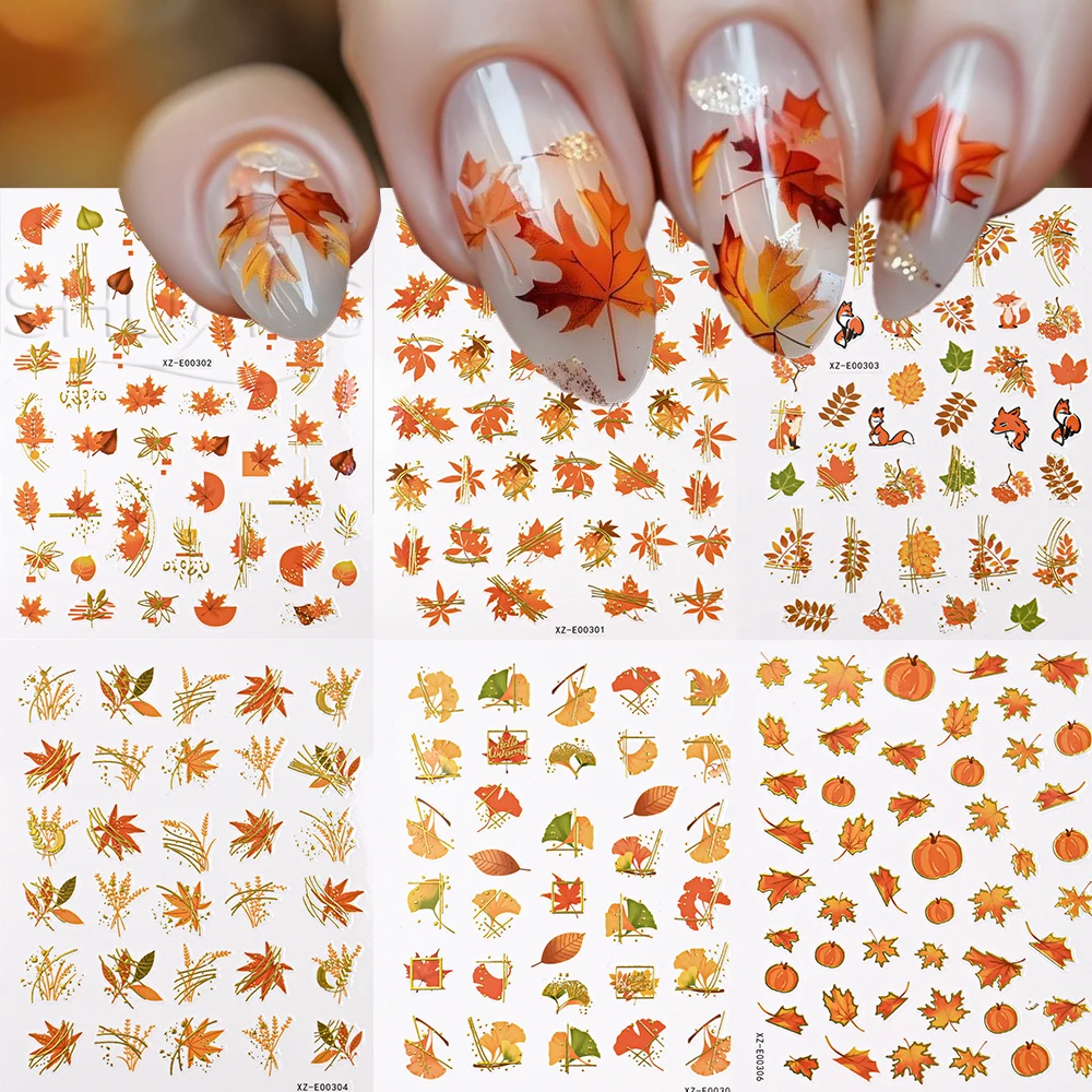 

6Pcs/set Autumn Maple Leaves Nail Stickers 3D Fall Leaf, Squirrel, Pumpkin, Ginkgo leaves Design Nail Slider Manicure Decoration