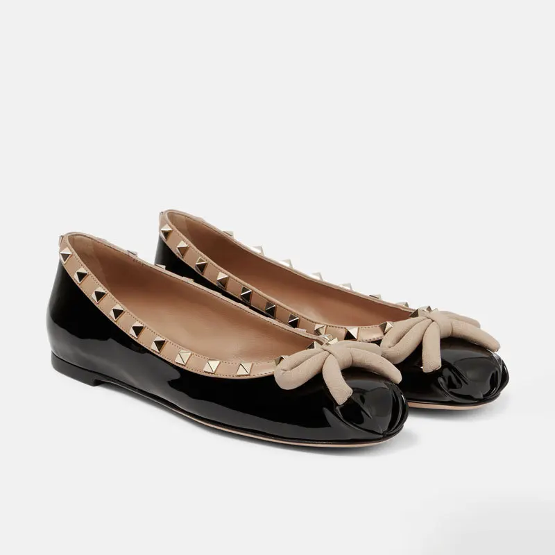 

Catwalk Rivet Niche Large Size Flats Patent Leather Pointed Toe Ballet Loafers Round Toe Bow Comfortable Soft Sole Women Shoes
