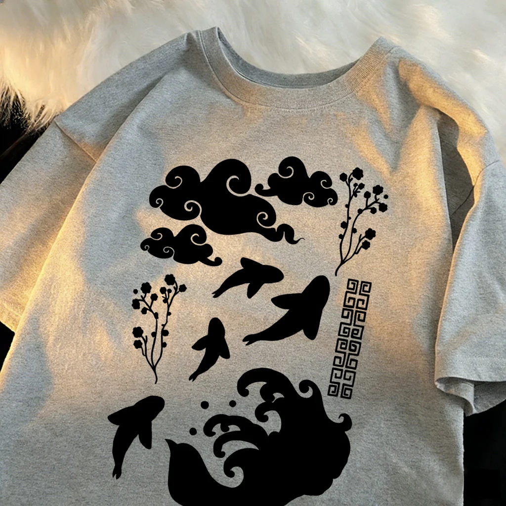 Traditionelles chinesisches T-Shirt mit Wolken und Koi-Fischen für Herren, weiches All-Match-T-Shirt aus Baumwolle, Freizeitkleidung, O-Ausschnitt, lockere Herren-Kurzarm-Shirts