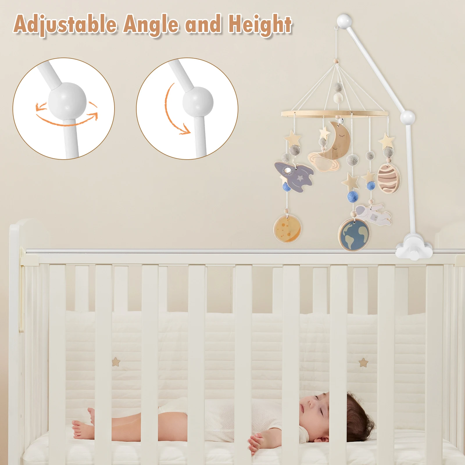 Baby Crib Mobile Holder Adjustable Angle Height Wooden Non-Skid Cot Mobile Arm Baby Bed Bell Bracket Mosquito Net Hanging Rod